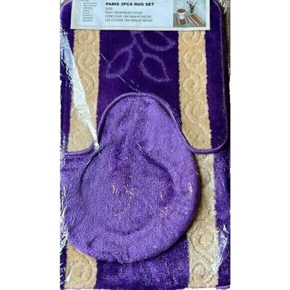 Purple 3pc Bathmat Set Non-Slip Absorbent mat and contour rugs, Toilet Lid Cover